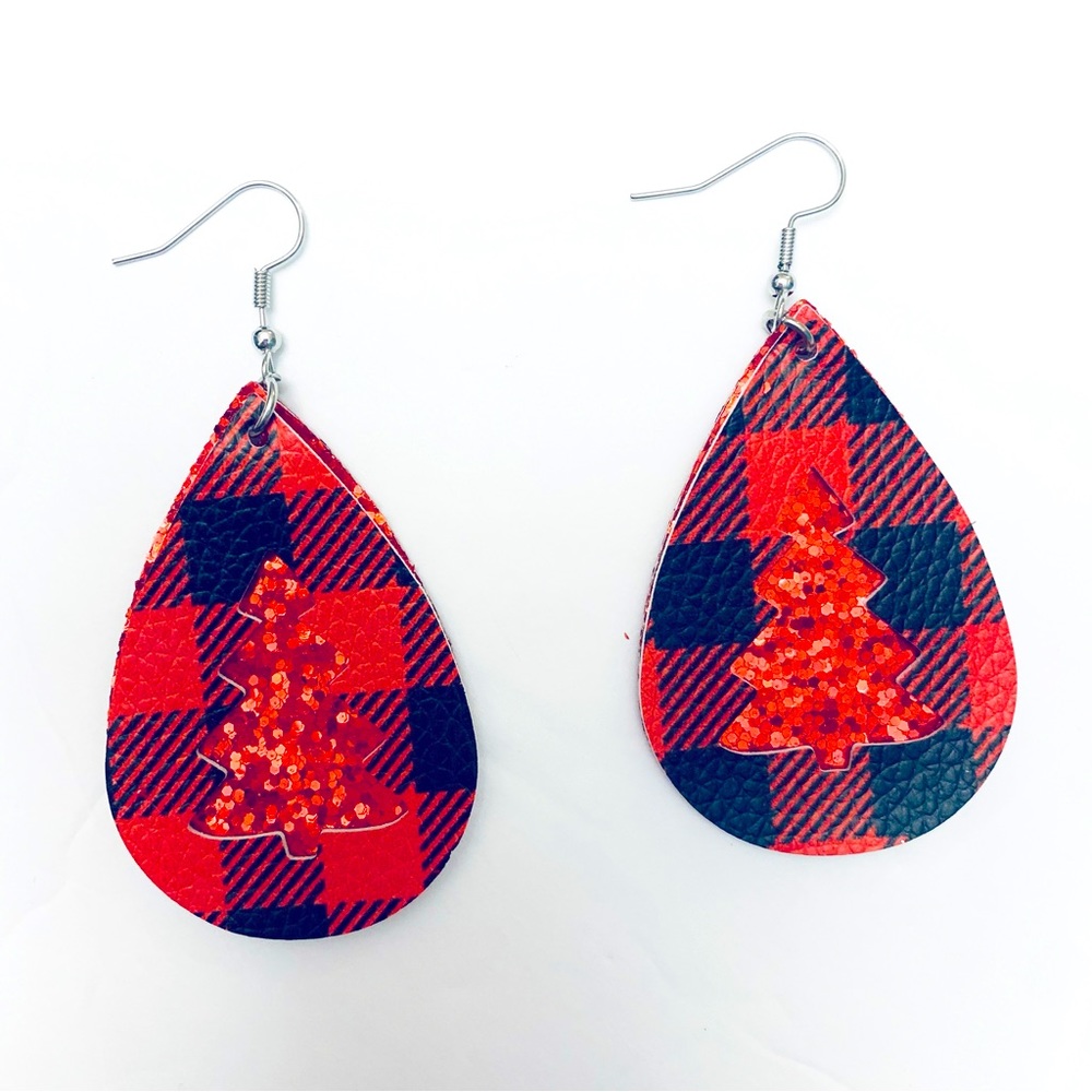 2/$10 Christmas Buffalo plaid green tree glitter faux leather earrings